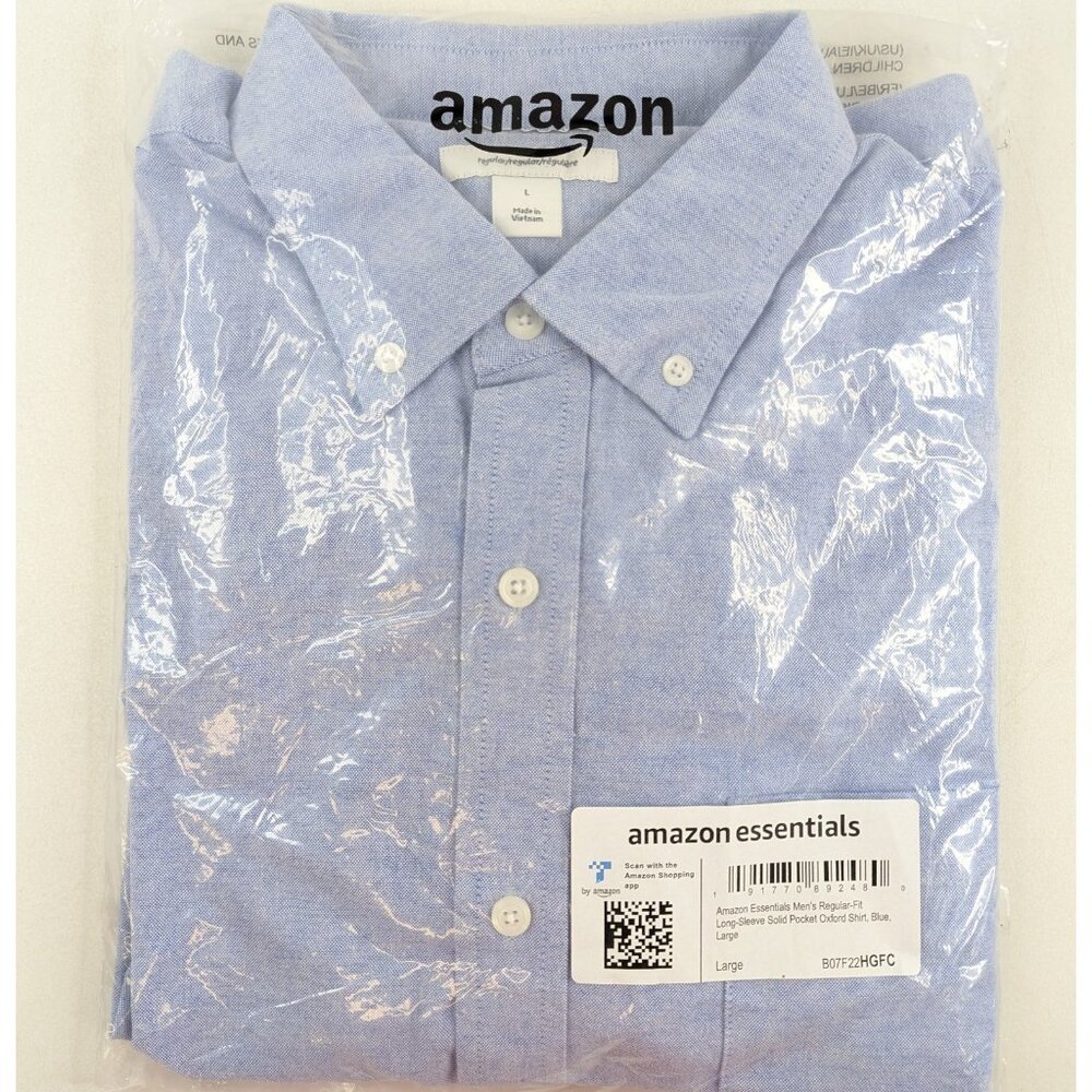 Amazon Essentials Oxford Shirt Men’s Large Blue Long Sleeve Button-Down - NEW